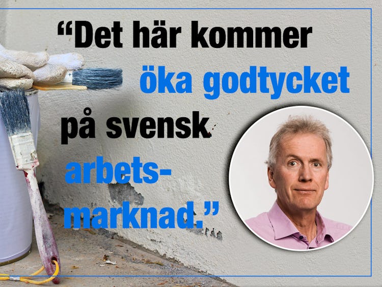 En färgburk och en bild på Mikael Johansson, invid texten: Det här kommer öka godtycket på svensk arbetsmarknad.