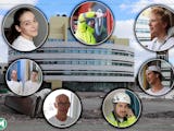 Bilder på målare från de olika reportagen monterade över en bild på en byggnad i Kiruna.