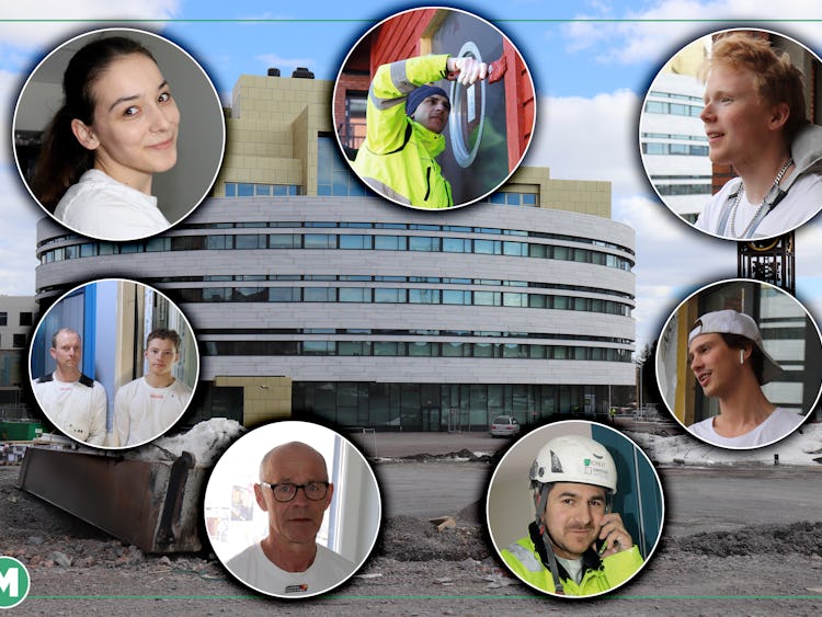 Bilder på målare från de olika reportagen monterade över en bild på en byggnad i Kiruna.