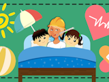 En tecknad person i bygghjälm och teremometer i munnen nedbäddad i en säng med två barn, omgivna av sol, bad och plåster.