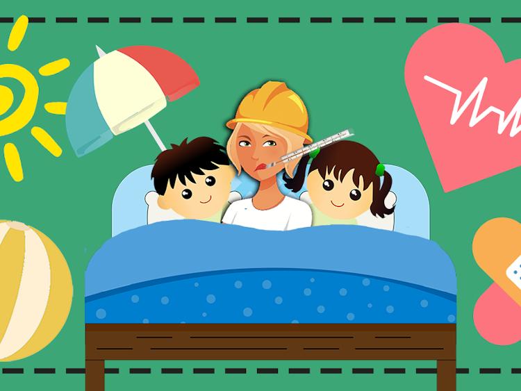 En tecknad person i bygghjälm och teremometer i munnen nedbäddad i en säng med två barn, omgivna av sol, bad och plåster.