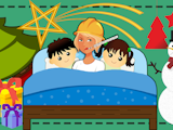 En tecknad person i bygghjälm och teremometer i munnen nedbäddad i en säng med två barn, omgivna av julklappar och julpynt.