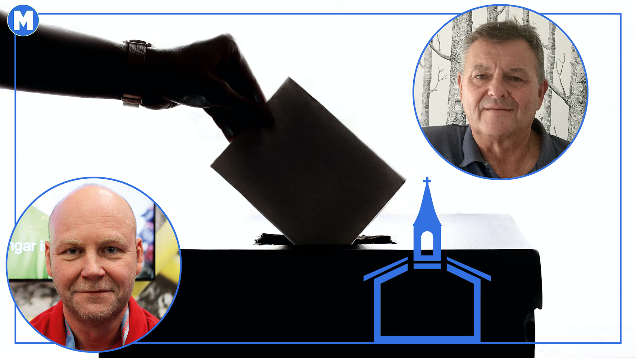 Bilder på Roland Ryberg och Lars Tintin Pettersson monterade över en bild på en hand som lägger en valsedel i en valurna, samt silhuetten av en stiliserad kyrka.