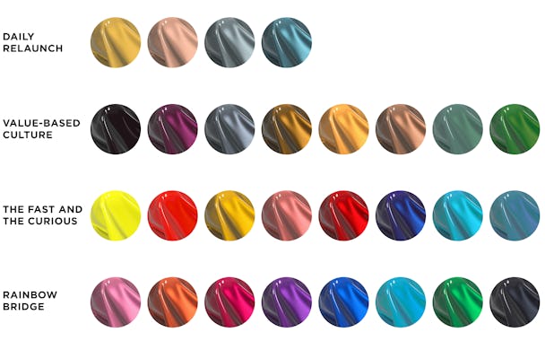 En färgpalett med 28 olika lackfärger