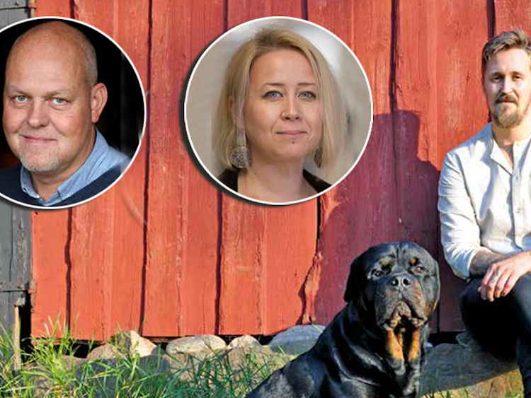 En bild på Jakob Nilsson och hans hund, med bilder på Linda-Li Käld och Mats Eriksson monterade över