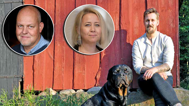 En bild på Jakob Nilsson och hans hund, med bilder på Linda-Li Käld och Mats Eriksson monterade över