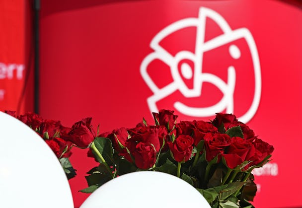 Socialdemokraternas logga bakom ett fånf röda rosor.