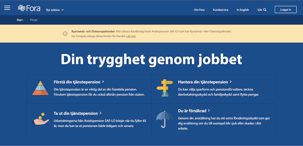 En Fora-webbsida med rubriken: "Din trygghet genom jobbet"