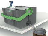 En 3D-rendering av en grå låda med grönt handtag.