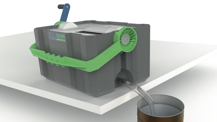 En 3D-rendering av en grå låda med grönt handtag.