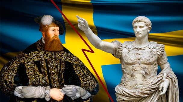 Gustav Vasa och en grekisk staty, framför svenska flaggan.