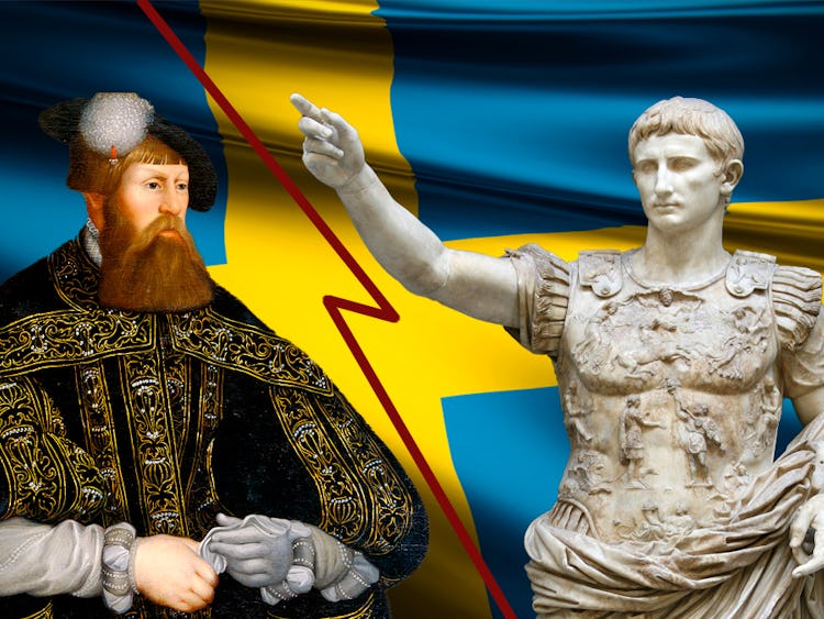 Gustav Vasa och en grekisk staty, framför svenska flaggan.
