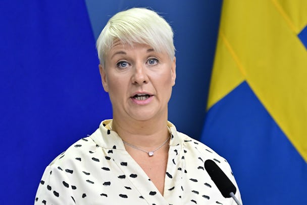 Moderatpolitikern Anna Tenje med en svensk flagga i bakgrunden.