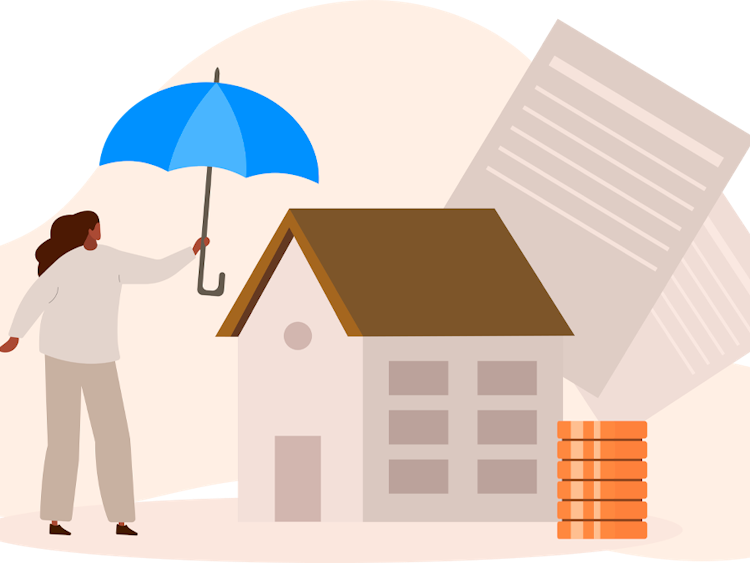 Illustration. En kvinna håller upp ett paraply ovanför ett hus. Bakom och bredvid syns papper med text och en hög med mynt.