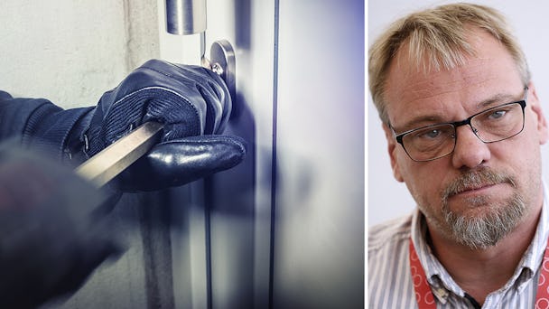 Jan-Olof Gustavsson, kassör i Målarna och bild på en person som håller på att bryta upp en dörr.