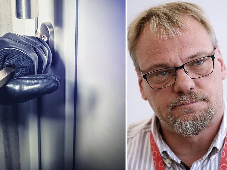 Jan-Olof Gustavsson, kassör i Målarna och bild på en person som håller på att bryta upp en dörr.