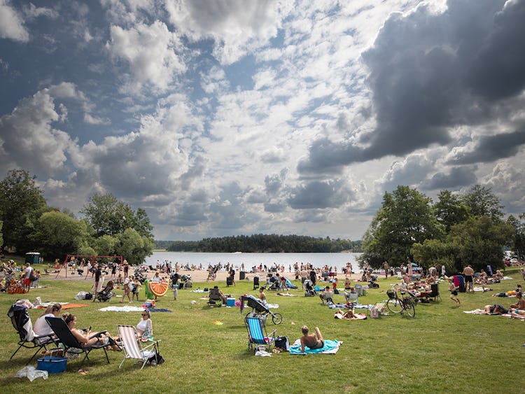 Folkmassa som njuter av en solig dag i en park vid en sjö.