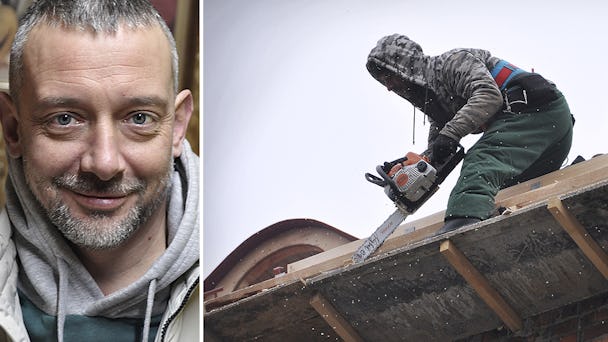 Taras Kvasniak platschef på byggnadsplats i Lviv och bild på ett tak där en person sågar.