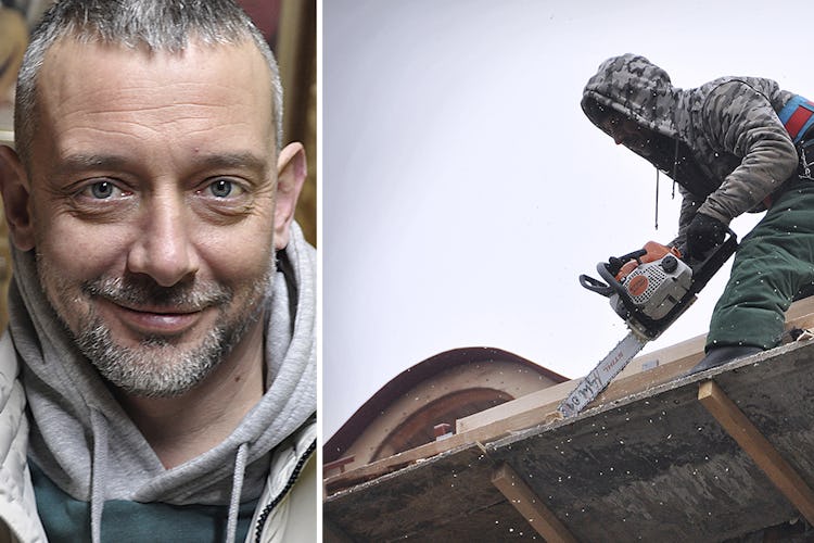 Taras Kvasniak platschef på byggnadsplats i Lviv och bild på ett tak där en person sågar.